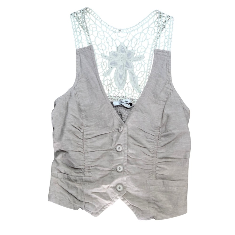 Papaya Taupe Linen Blend Crochet Lace Back Button Front Vest Top Boho S
